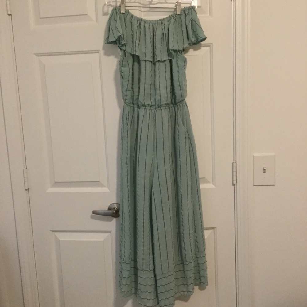 She + sky off the shoulder romper Capri length